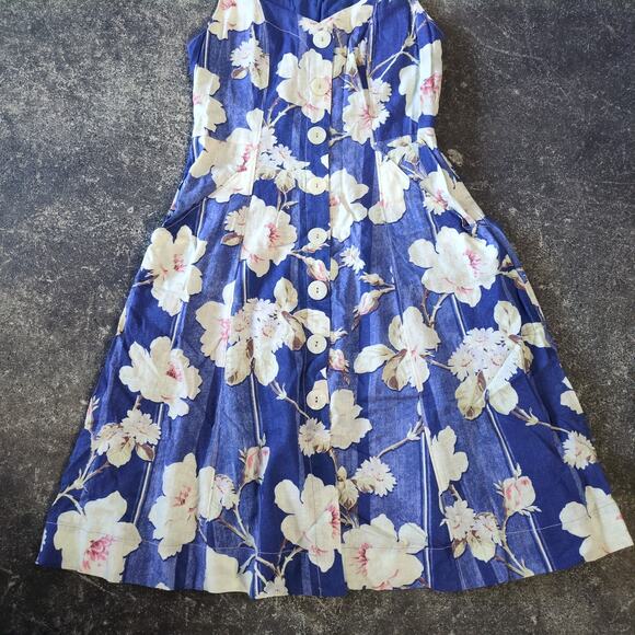 Anthropologie Camellia Collared Dress Womens 6 Blue Floral A Line Buttoned Retro - Picture 3 of 9